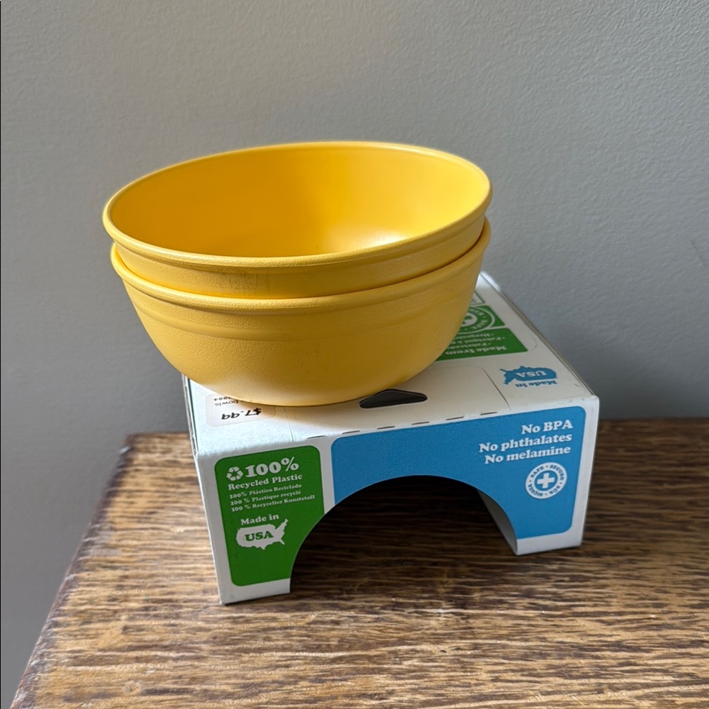 Green Eats TWO Yellow Recycled Kids Plastic Bowls 100% recycled plastic NEW